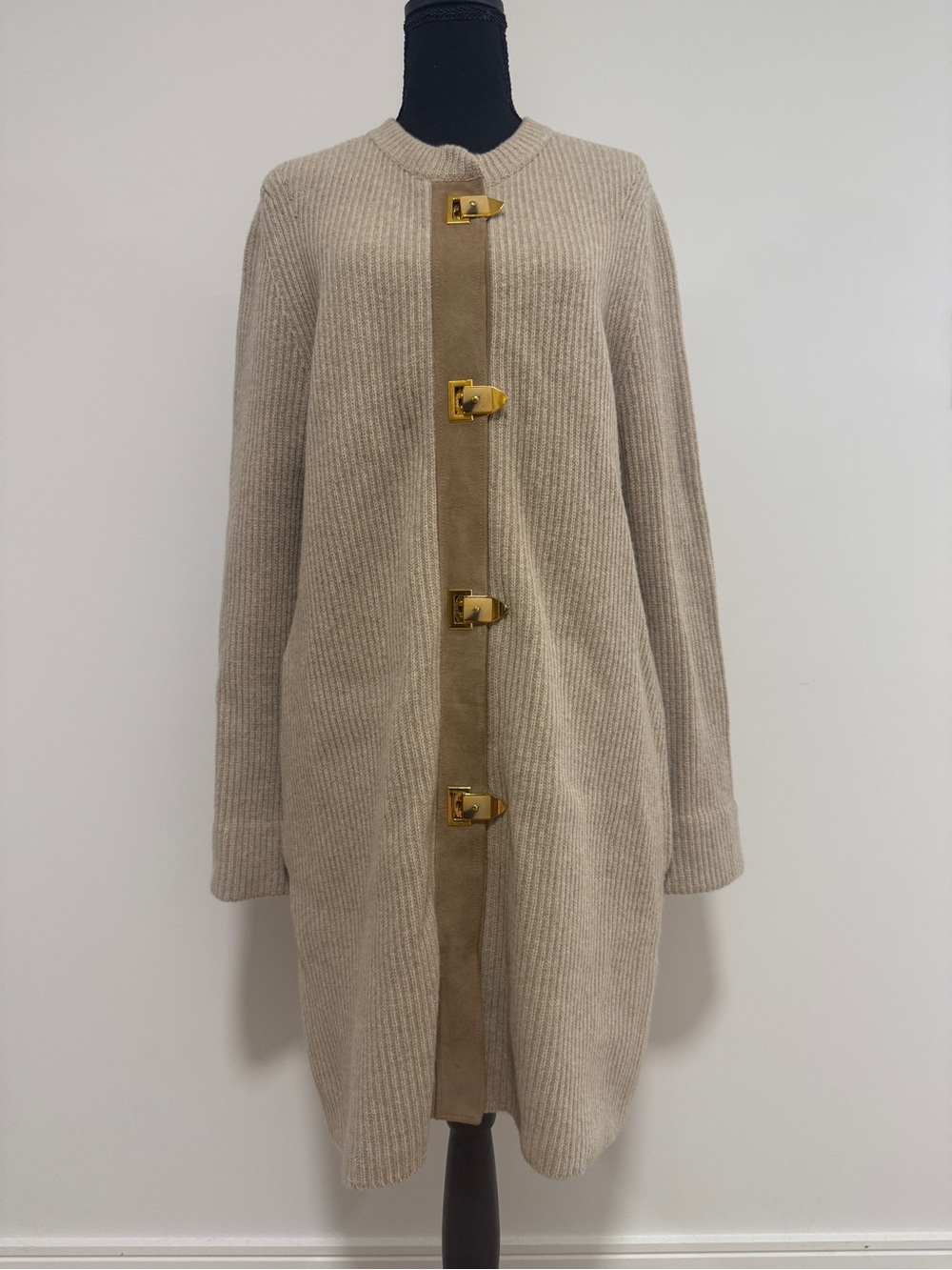 Tory Burch Rory Wool Sweater Coat Cardigan Jacket Goat Leather Gold Clasp M Fall